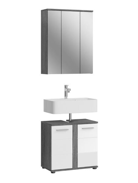 Badezimmermöbel-Set mit dreitürigem Spiegelschrank, weißem Waschbecken und Unterschrank in dunkler Holzoptik mit weißen Fronten.