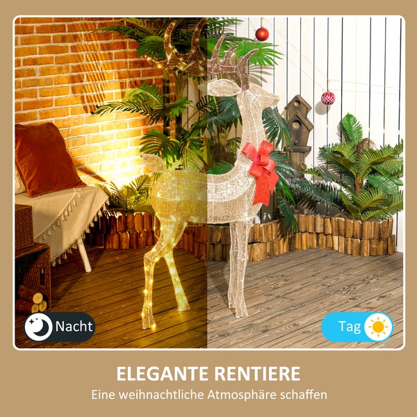 Weihnachtliche Rentierfigur aus Draht mit roter Schleife und Beleuchtung, Vergleich der Optik bei Tag und Nacht auf einer Terrasse.