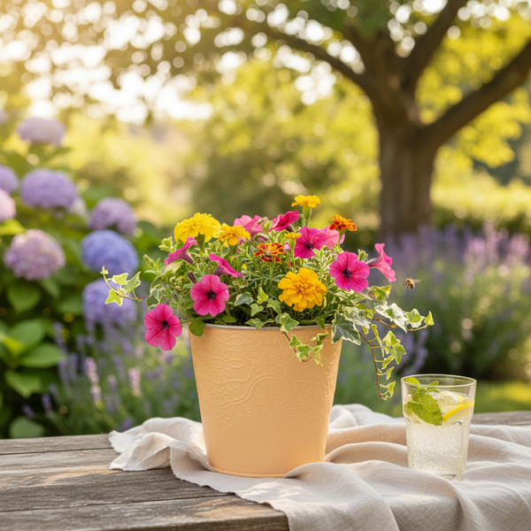 Buntes Blumenarrangement mit Petunien und Studentenblumen in einem verzierten Übertopf auf einem Holztisch im sonnigen Garten.
