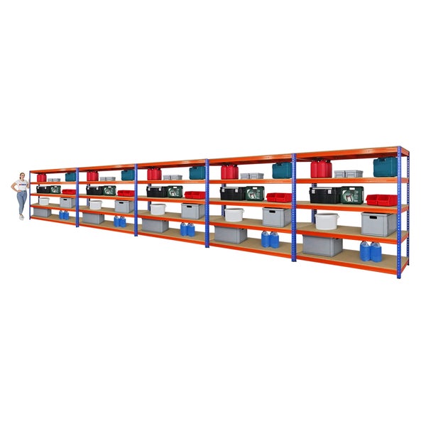 PROREGAL Mega Deal 5x Profi Schwerlastregal Bison HxBxT 200 x 200 x 60 cm 5 Fachböden Fachlast 600 kg Blau-Orange