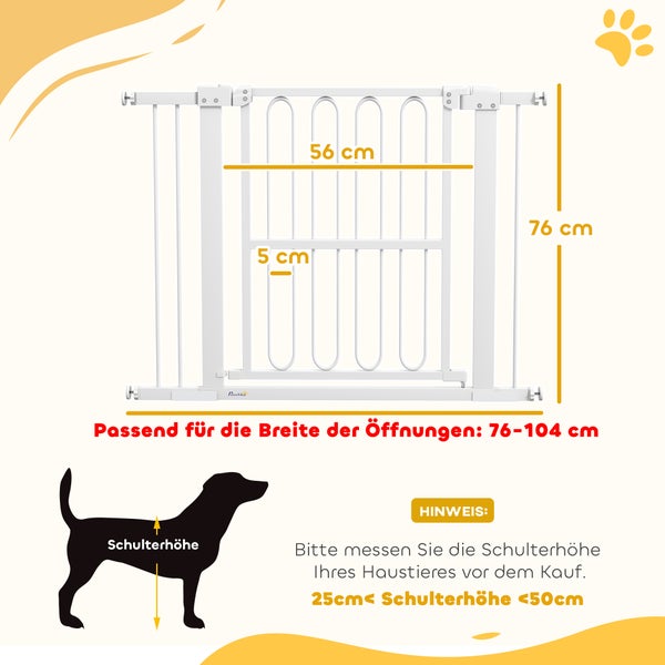 PawHut Türschutzgitter Hund, 76-104 cm Absperrgitter ohne Bohren, Treppengitter aus Stahl, Treppenschutzgitter, Schutzgitter, Sicherheitsgitter für Treppen, Tür, Flur, Weiß