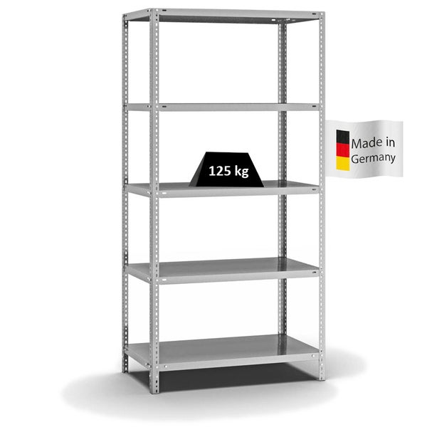 PROREGAL Fachbodenregal Schraubsystem Light-Duty Grundregal HxBxT 200 x 100 x 50 cm 5 Ebenen Fachlast 125 kg Beidseitig Nutzbar Verzinkt