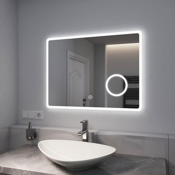 EMKE Badspiegel mit 3-fache Vergrößerung, LED Beleuchtung, 80x60cm, Kaltweißes Licht Dimmbar, Touch, Beschlagfrei