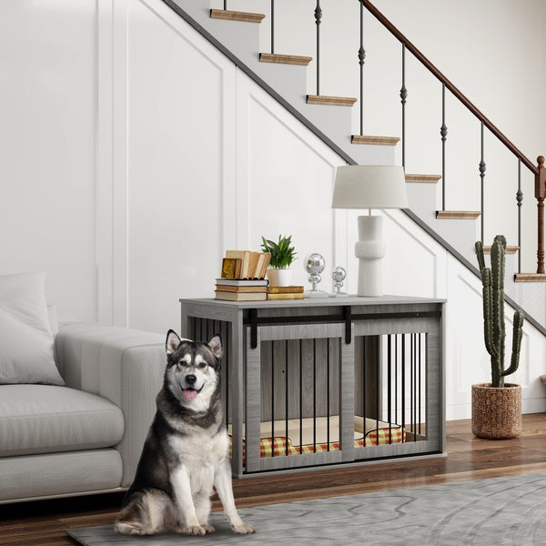 PawHut Hundekäfig für Zuhause, Abschließbar Hundehütte mit Eingang, Hundebox mit Schiebetür, Hundehaus für große Hunde unter 30 kg, Grau, 98 x 58 x 61 cm