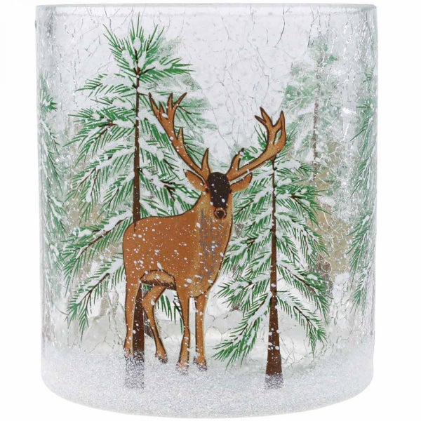 Teelichthalter aus Glas mit Hirsch- und Tannenbaum-Motiv