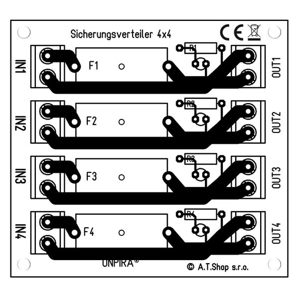 Elektronikplatine Sicherungsverteiler vier mal vier mit Anschlüssen Eingang und Ausgang sowie CE Kennzeichnung und WEEE Symbol