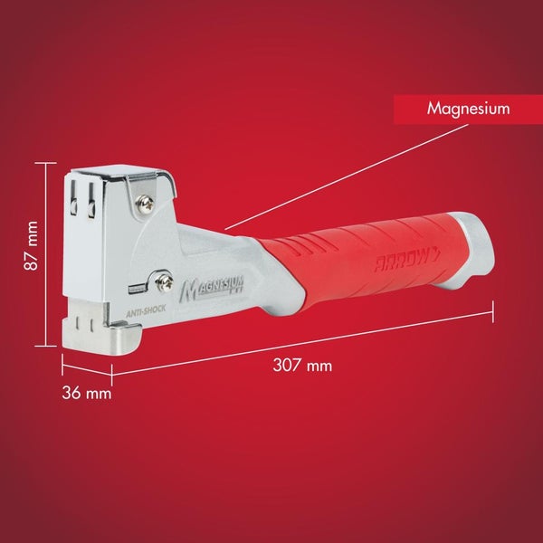 Magnesium Schlagtacker, Länge 307 Millimeter, Höhe 87 Millimeter, Breite 36 Millimeter, mit Anti-Schock-Funktion.