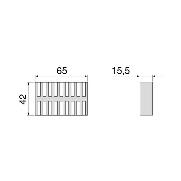 Technische Zeichnung eines rechteckigen Teils mit Gittermuster und den Maßen 65 mal 42 mal 15,5.