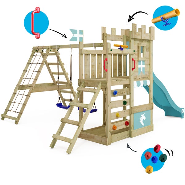 WICKEY Spielturm Ritterburg DragonFlyer mit Schaukel und Rutsche, Spielhaus mit Sandkasten, Kletterleiter und Spiel-Zubehör – pastellblau