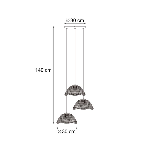 Skizze einer Pendelleuchte mit drei Lampenschirmen, Höhe 140 cm, Durchmesser 30 cm
