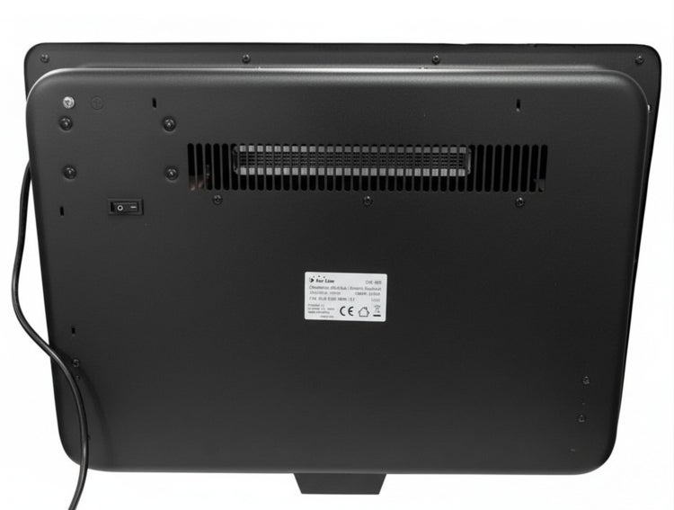 Rückseite eines Heizgeräts mit Lüftungsschlitzen und Netzschalter