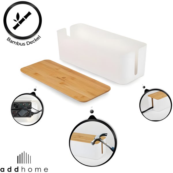 Kabelmanagement-Box mit Bambusdeckel, addhome Logo, Symbol für Bambusdeckel und Detailansichten zur Kabelführung.