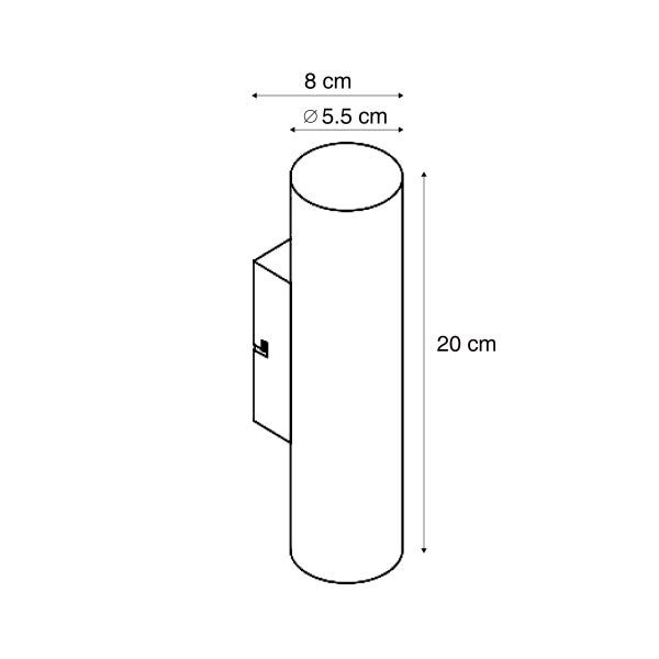 Technische Zeichnung einer zylindrischen Wandleuchte mit Bemaßung 20 cm Höhe, 8 cm Ausladung und 5,5 cm Durchmesser.