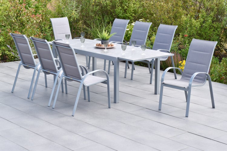 Amalfi di Lusso Set 9tlg., 8 Stapelsessel, Semi-Ausziehtisch 180 (250) x 100 cm, silber/diamantbraun