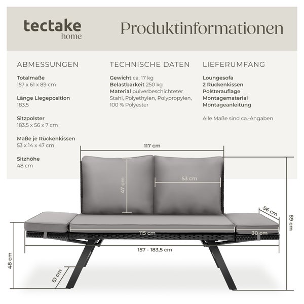 Rattan-Loungesofa tectake Sintra 157 x 61 x 89 cm 2in1 Funktion hellgrau/schwarz