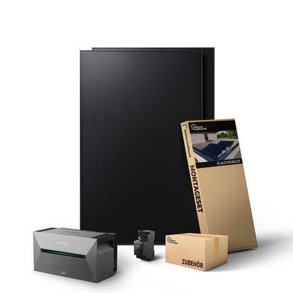 Kleines Kraftwerk Balkonkraftwerk Komplettset mit zwei Solarmodulen, Anker SOLIX Speicher, Smart Meter, Flachdach Montageset und Zubehör.