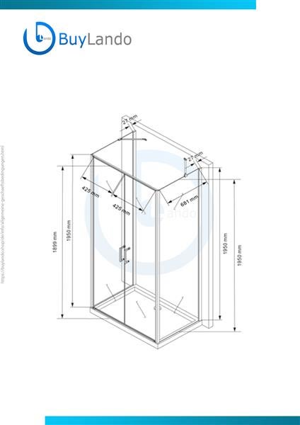 Technische Zeichnung einer Duschkabine mit Maßangaben