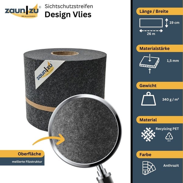 Zaunfolie Designvlies Anthrazit, 26 Meter Länge, 19 Zentimeter Breite, Materialstärke 1,5 Millimeter