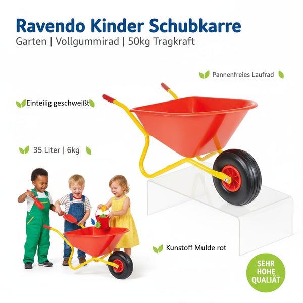 Ravendo Kinderschubkarre für den Garten mit Vollgummirad und 50 Kilogramm Tragkraft