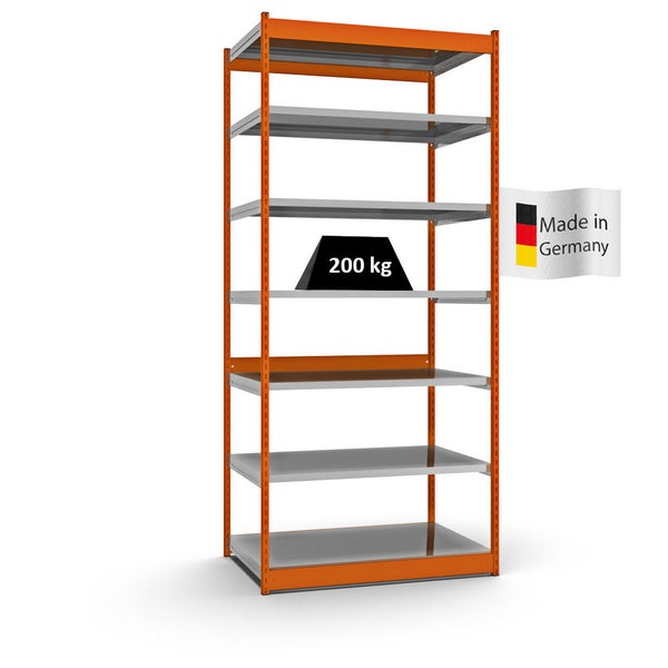 PROREGAL Fachbodenregal Stecksystem Vierkant-Profil Grundregal HxBxT 300 x 132,5 x 80 cm 7 Ebenen Einseitige Bauart Fachlast 200 kg Orange