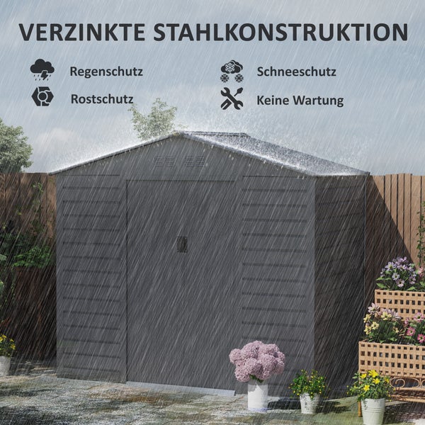 Outsunny Verzinkter Stahl Gerätehaus 2,43㎡ 213x131x192cm Einfach Montage Geräteschuppen mit Satteldach, Abschließbarer Schiebetür, wetterfest Gartenhaus, Outdoor Garten Schuppen für Außenbereich, Grau