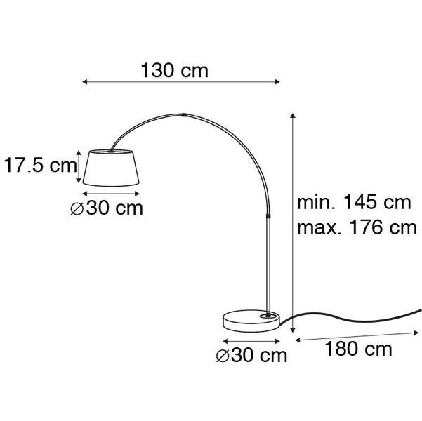 Abmessungen einer Stehlampe mit einer Höhe von minimal 145 Zentimetern und maximal 176 Zentimetern