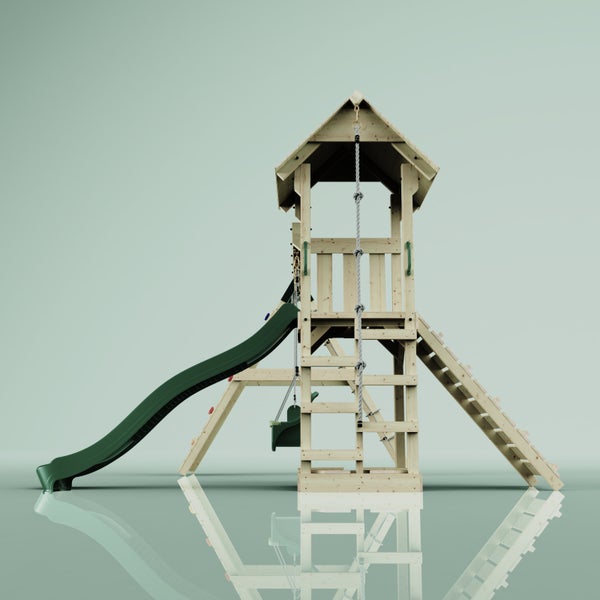 Spielturm mit Rutsche, Schaukel, Kletterwand und Strickleiter für den Garten