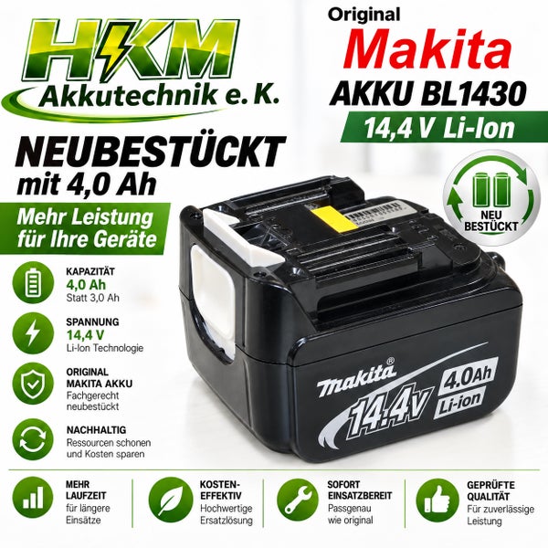 Neubestückter Makita Lithium Ionen Akku BL1430 mit 14,4 Volt und 4,0 Amperestunden Kapazität für Elektrowerkzeuge.