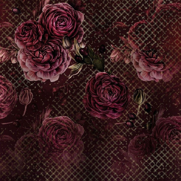 Tapete mit Rosenmuster und geometrischem Gitter