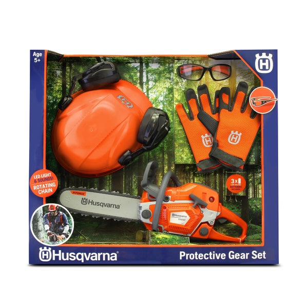 Husqvarna Schutzset für Kinder mit Helm, Schutzbrille, Handschuhen und Spielzeugmotorsäge