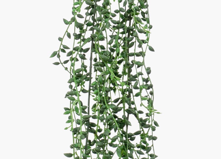 Künstliche Blume mit grünen Blättern, braunem Stiel und pinkfarbenen Blütenblättern.