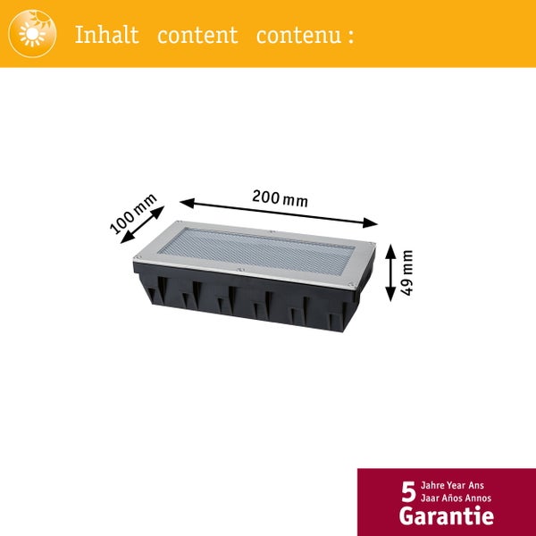 Rechteckige LED-Bodeneinbauleuchte mit Maßen 200 Millimeter Länge, 100 Millimeter Breite und 49 Millimeter Höhe. Solar mit 5 Jahren Garantie.