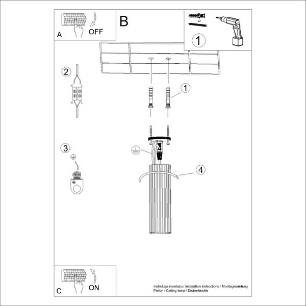 Montageanleitung für eine Deckenleuchte mit Installationsschritten und Bauteilen.
