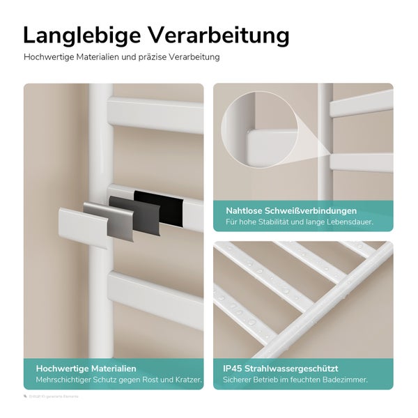 Infografik zur langlebigen Verarbeitung eines Badheizkörpers mit Details zu Materialbeschichtung, Schweißnähten und Spritzwasserschutz IP45.