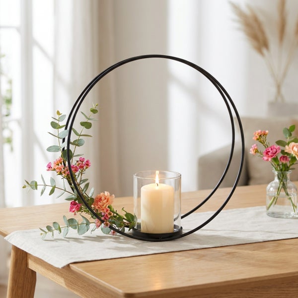 Dekorativer Kerzenhalter aus Metall mit Glaseinsatz, verziert mit Eukalyptuszweigen und Blumen auf einem Holztisch.