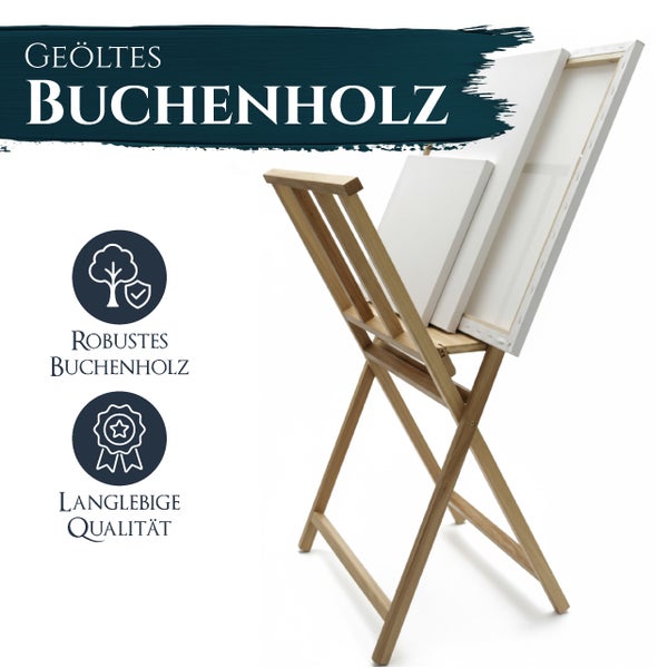 Staffelei aus geöltem Buchenholz mit zwei weißen Leinwänden, langlebige Qualität.