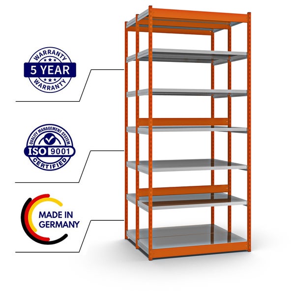 PROREGAL Fachbodenregal Stecksystem Vierkant-Profil Grundregal HxBxT 300 x 132,5 x 50 cm 2x7 Ebenen Doppelseitige Bauart Fachlast 200 kg Orange