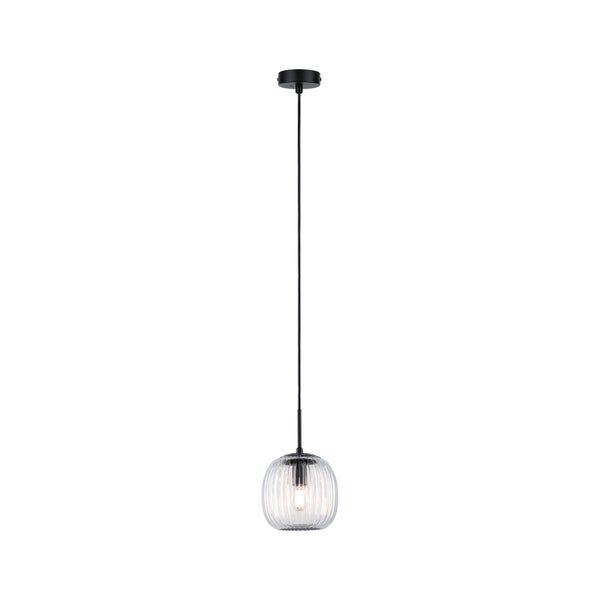 Pendelleuchte mit geripptem Glasschirm und schwarzer Halterung.