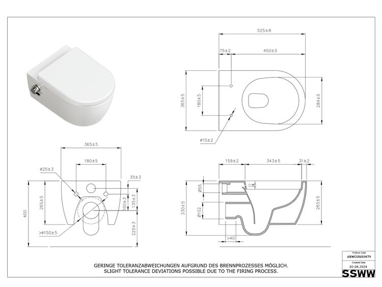 Dusch-WC spülrandlos Hänge WC Taharet Toilette inkl. Warm-Kalt-Mischer & WC-Sitz mit Absenkautomatik + abnehmbar Keramik inkl. Nanoversiegelung
