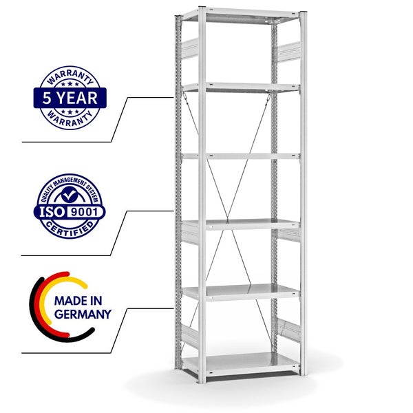 PROREGAL Fachbodenregal Stecksystem T-Profil Heavy-Duty Grundregal HxBxT 250 x 75 x 40 cm 6 Ebenen Fachlast 300 kg Einseitig Nutzbar Lichtgrau