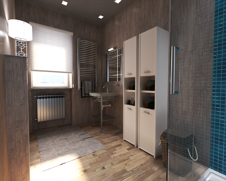 Badezimmer mit Waschtisch, Handtuchwärmer, Spiegel, Badmöbeln und Dusche.