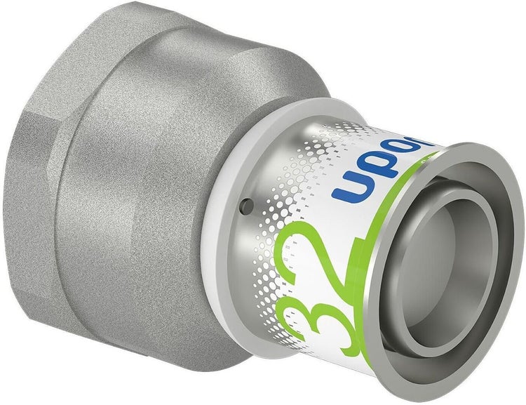 Uponor S-Press PLUS Übergang mit Innengewinde aus Metall für Verbundrohr, Größe 32 Millimeter, Uponor Logo.