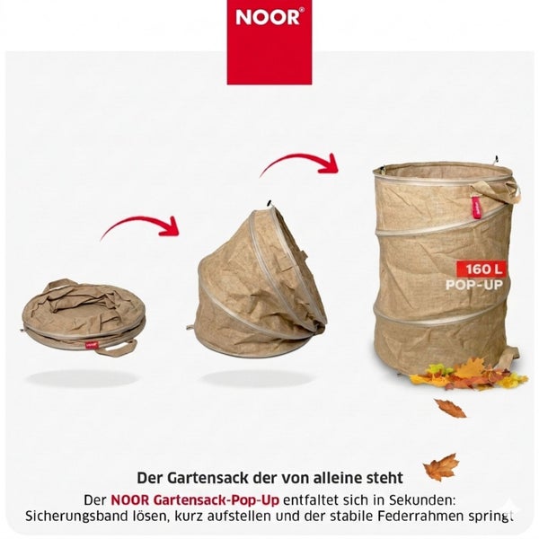 Noor Pop-up Gartensack mit 160 Liter Fassungsvermögen zum Zusammenklappen und Verstauen zur Gartenabfallentsorgung.