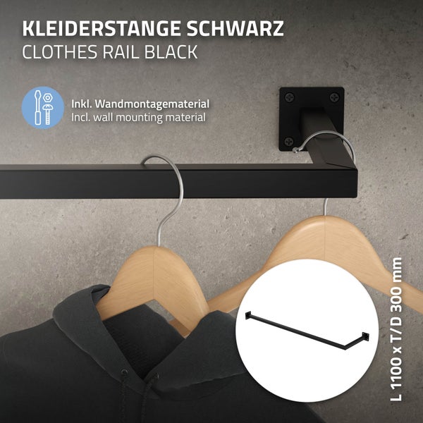 ML-Design 3er Set Kleiderstange Übereck für die Wand, T30cm x B110cm, Schwarz, aus Stahl, Garderobenstange L-Form, Kleiderständer Wandmontage, Kleidergestell Garderobenhalter, inkl. Montagematerial