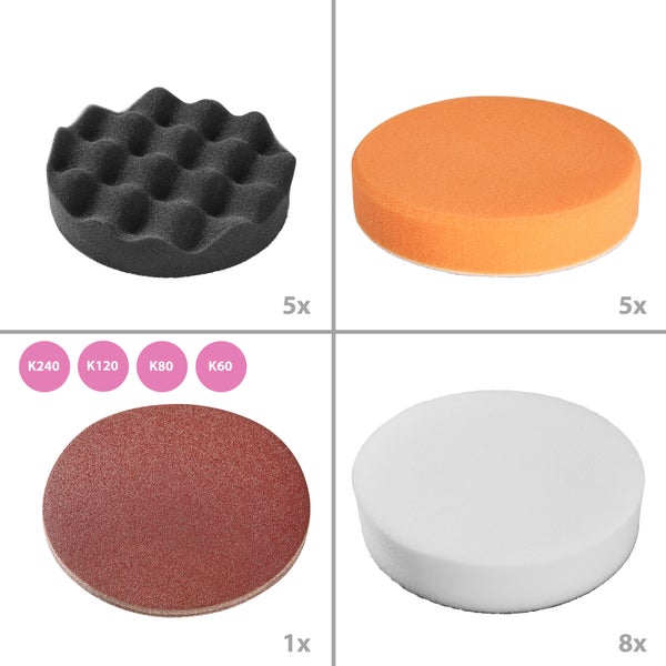 Mehrteiliges Polierset mit verschiedenen Polieraufsätzen und Schleifscheiben