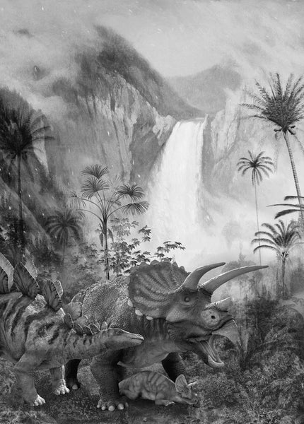 Illustration einer Dinosaurierfamilie vor einem Wasserfall