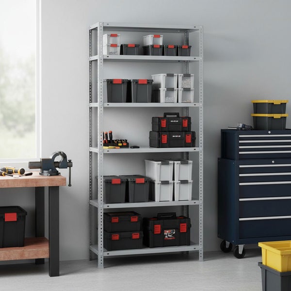 Graues Metallregal in einer Werkstatt mit verschiedenen Kunststoffboxen und Werkzeugkoffern auf sechs Ebenen.
