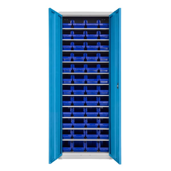 PROREGAL Flügeltürenschrank Owl mit 11 Fachböden + 48 Sichtlagerkästen | HxBxT 195x71x30cm | Lichtgrau/Lichtblau | Spind, Kleinteillager