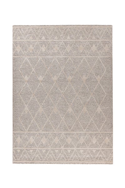 Rechteckiger Teppich mit geometrischem Rautenmuster und dreieckigen Bordüren in Beige und Grau.