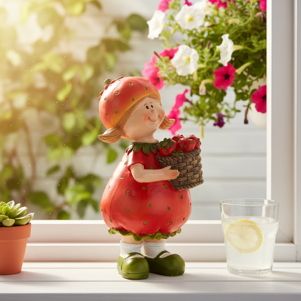 Dekofigur Mädchen im Erdbeerkleid und Erdbeerhut mit einem Korb voller Erdbeeren auf einer weißen Fensterbank zwischen Pflanzen.